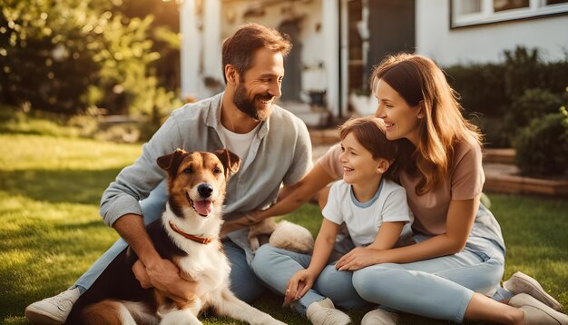 famille avec un chien et un chien