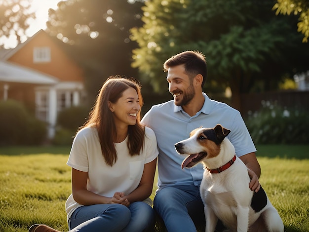 Une famille avec un chien devant leur maison