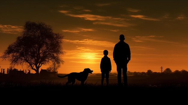 La famille et le chien silhouettés admirent la beauté du coucher de soleil