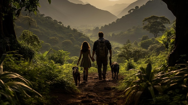 Famille et chiens de ferme marchant dans une forêt luxuriante