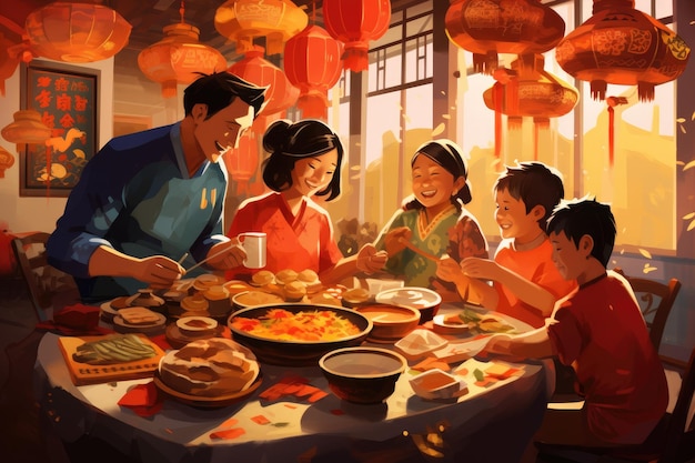 Une famille chinoise dîne dans un restaurant chinois traditionnel gros plan de la photo Une famille se rassemble pour un festin pendant le Nouvel An lunaire