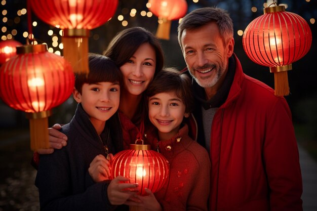 une famille chinoise prend une photo avec des lanternes chinoises rouges au festival des lanternes chinoises arrière-plan de style bokeh