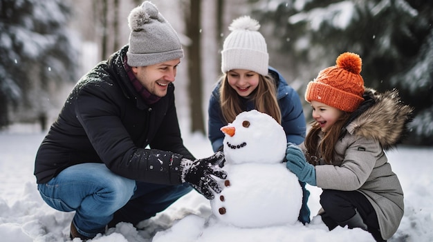une famille construisant un bonhomme de neige