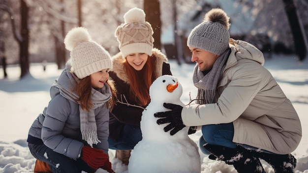 une famille construisant un bonhomme de neige