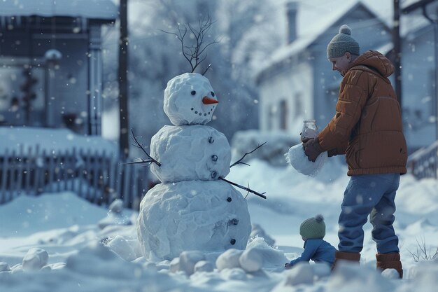 Une famille construit un bonhomme de neige dans la cour.