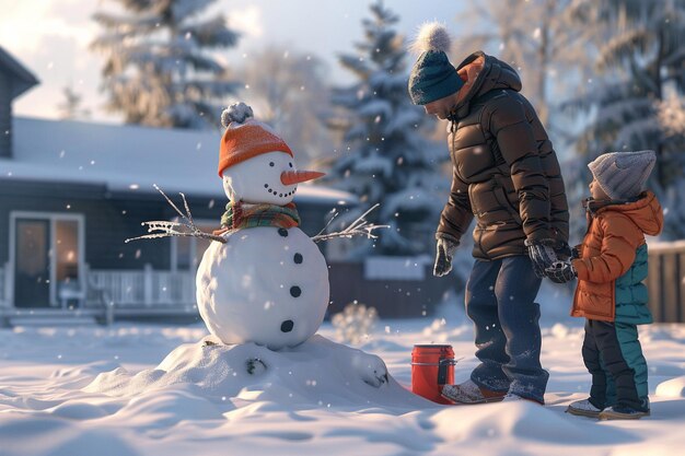 Une famille construit un bonhomme de neige dans la cour.