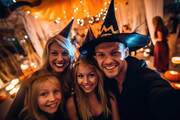 Famille avec des costumes d'Halloween prenant un selfie lors d'une fête