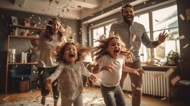 Photo une famille courant dans une pièce avec beaucoup de confettis sur le sol