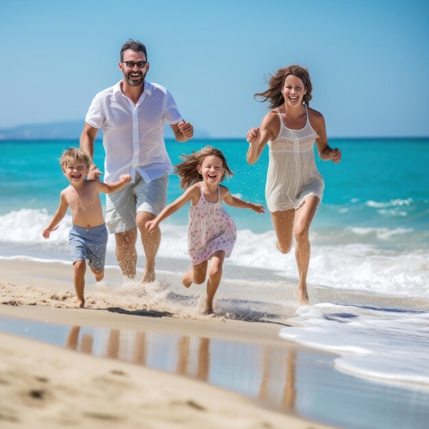 Famille courir sur la plage