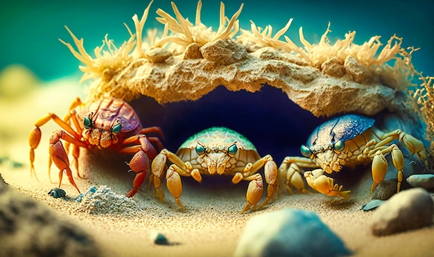 Une famille de crabes creusant des tunnels dans le sable