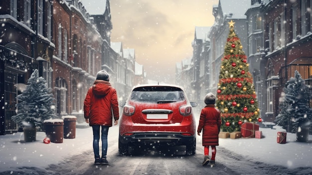 Photo une famille dans le centre-ville à une voiture arrêtée dans la circulation à côté d'un grand arbre de noël