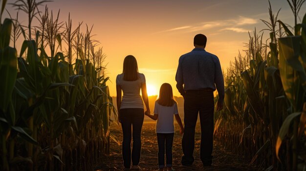 Famille dans un champ de maïs