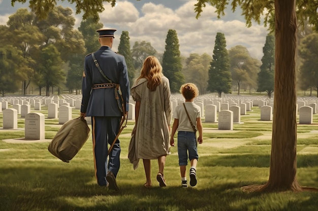 Une famille dans un cimetière militaire le Memorial Day