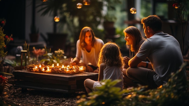 Famille dans la cour à la maison