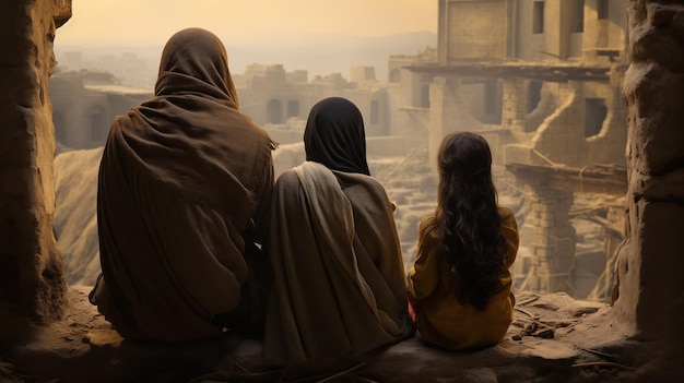 Une famille dans les ruines d’une ville ravagée par la guerre, quelque part au Moyen-Orient