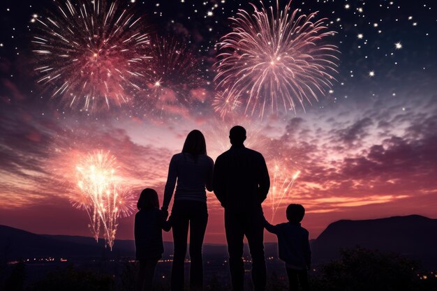 Une famille debout sur une colline et regardant les feux d'artifice