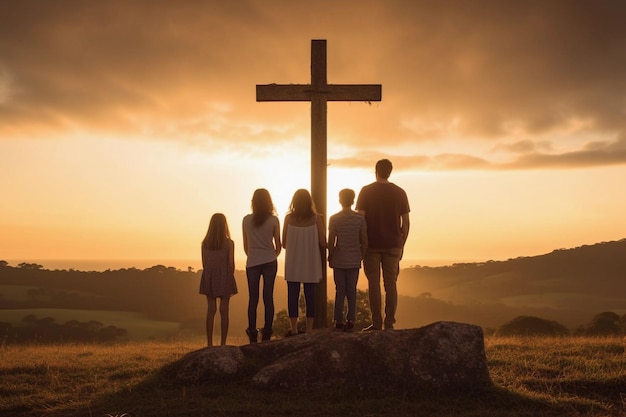 Famille debout à côté d'une croix au coucher du soleil Concept de culte