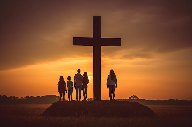 Famille debout à côté d'une croix au coucher du soleil Concept de culte