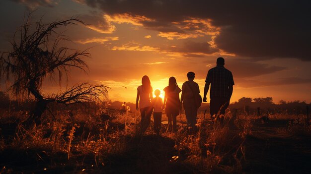 Famille debout dans le champ du coucher du soleil Générative Ai