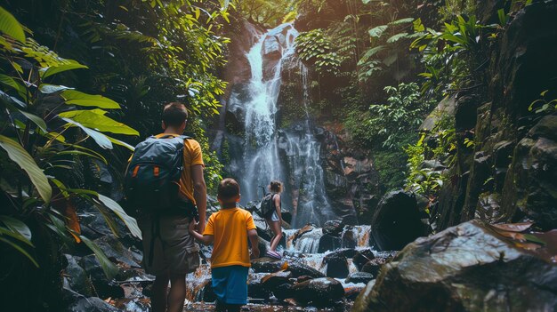 Une famille debout avec le dos à la caméra admirant une chute d'eau dans la jungle