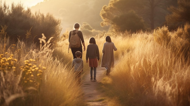 Une famille descend un chemin à l'heure d'or.