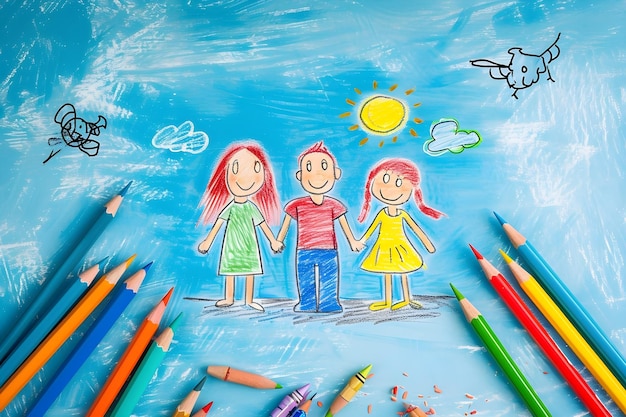 famille dessinée à l'aide de crayons de couleur dans le style de dessins animés amusants bleu ciel et rouge dessin d'enfants