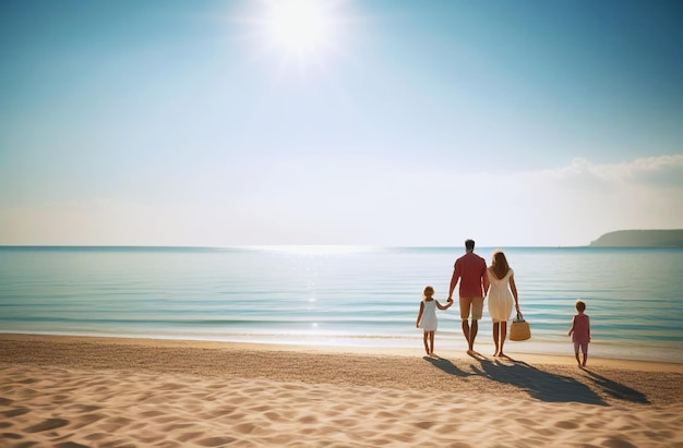 Une famille de deux parents et deux enfants se tiennent au bord de la mer et admirent le lever du soleil.