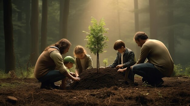 Une famille diversifiée honore la mémoire d'un proche en plantant conjointement un arbre dans une forêt sereine symbolisant la vie, l'amour et l'héritage.