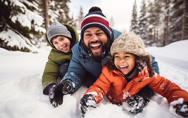 Une famille de diversité heureuse en traîneau ensemble sur une pente enneigée et s'amusant dans une activité hivernale