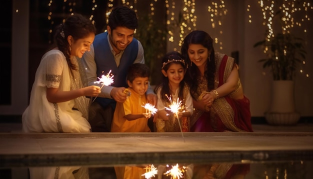 Famille Diwali jouant avec des cierges magiques