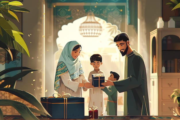 Une famille échangeant des cadeaux pendant la célébration de l'Eid