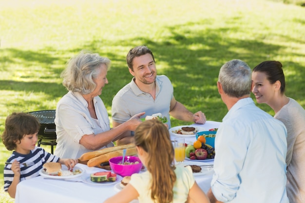 Famille élargie à manger à la table en plein air