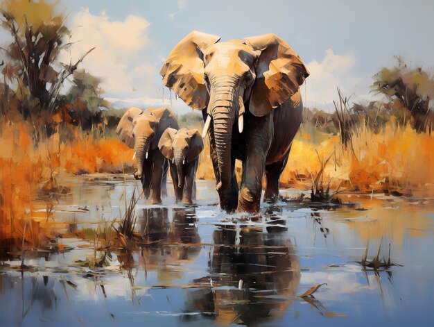 Famille d'éléphants africains près d'un point d'arrosage Peinture à l'huile dans le style impressionniste