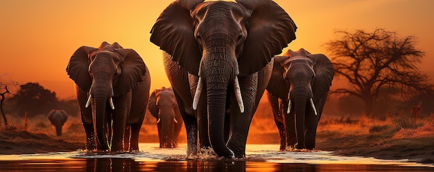 Famille d'éléphants d'Afrique marchant dans l'eau au coucher du soleil