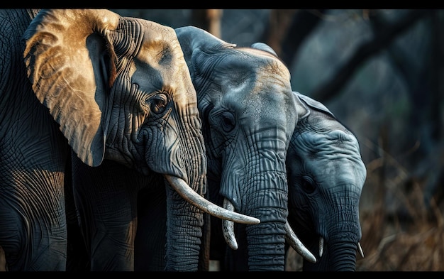 Une famille d'éléphants dans un mouvement synchronisé un portrait d'unité