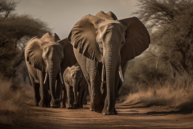 famille d'éléphants marchant AI