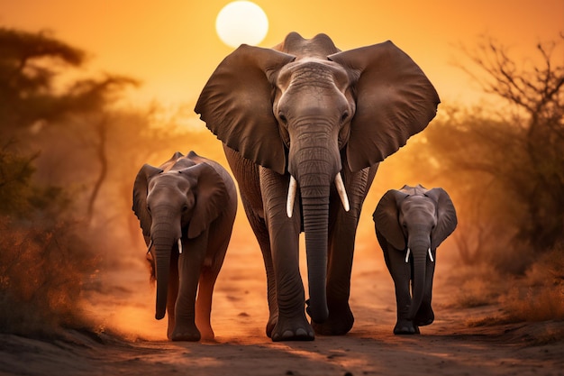 Une famille d'éléphants marchent en ligne et font une rangée dans la savane africaine au coucher du soleil avec le soleil géant