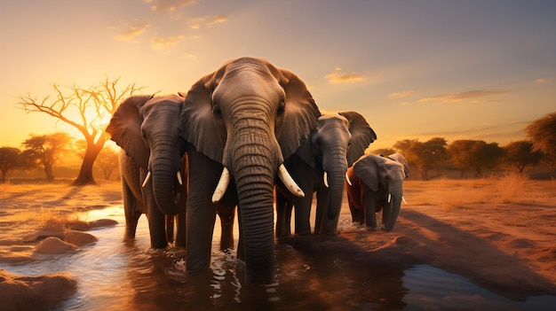 Famille d'éléphants près d'un point d'eau, chaque visage ridé racontant une histoire de sagesse et de connexion