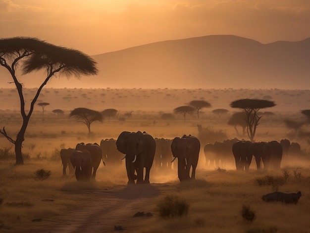 Une famille d'éléphants traversant le Serengeti