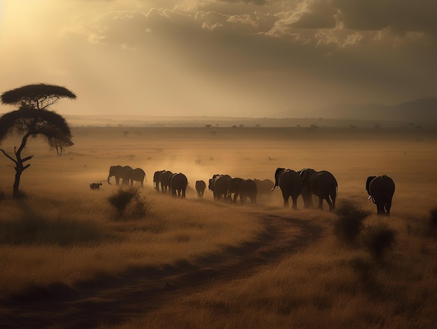 Une famille d'éléphants traversant le Serengeti