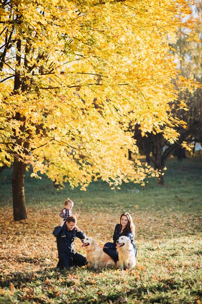 Famille avec un enfant et deux golden retrievers dans un parc en automne