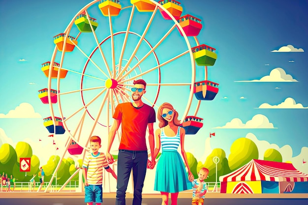 Une famille avec un enfant est venue au parc d'attractions pour monter sur la grande roue