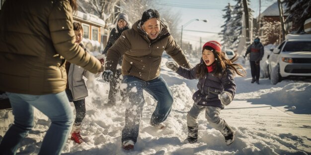 famille et enfant jouant aux boules de neige IA générative