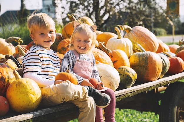 Famille et enfants à l'automne Enfants d'âge préscolaire assis dans des tas de citrouilles au marché agricole local