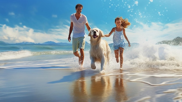 famille avec enfants et chien marchant se détendre sur l'eau de mer sur la plage ensoleillée