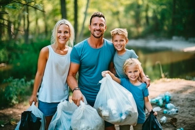 Une famille avec des enfants, des garçons et des filles avec des sacs à ordures.