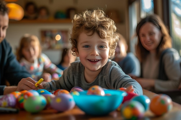 Une famille avec des enfants peints en œuf de Pâques