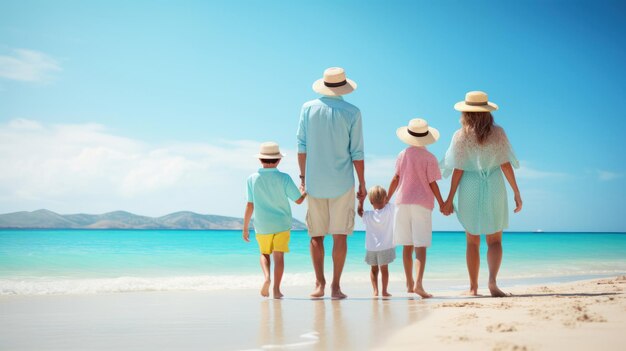 Une famille avec des enfants se promène le long d'une plage paradisiaque par un beau matin profitant d'un temps de qualité ensemble au bord de la mer