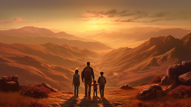 famille avec enfants voyage dans les montagnes au coucher du soleil concept parental