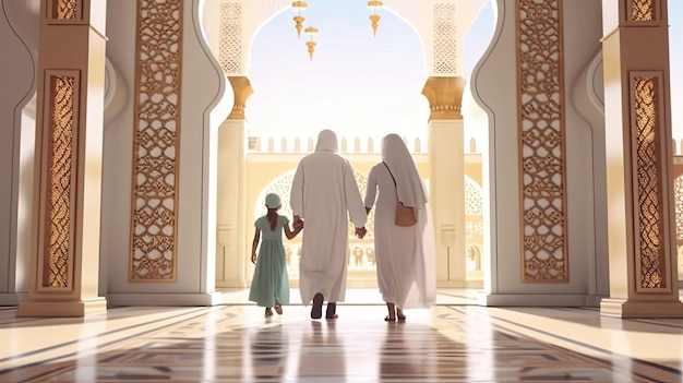 une famille entrant dans la mosquée